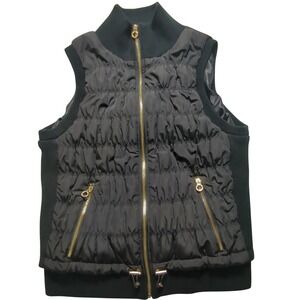 Calvin Klein Performance Women Zip Puffer‎ Vest Black Ruched Gold Trim Large EUC